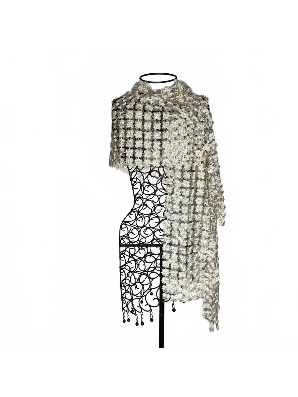 Vintage Ivory Floral Crochet Lace Shawl Scarf Wrap Boho Cottagecore Romantic